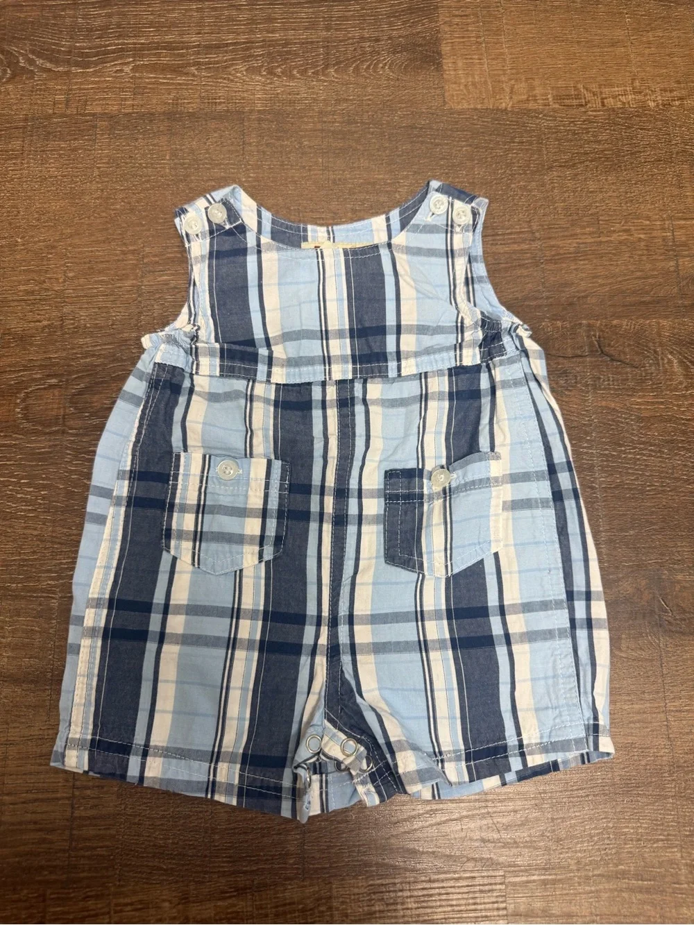 Vintage Faded Glory Blue Plaid Button-Shoulder Short Romper
